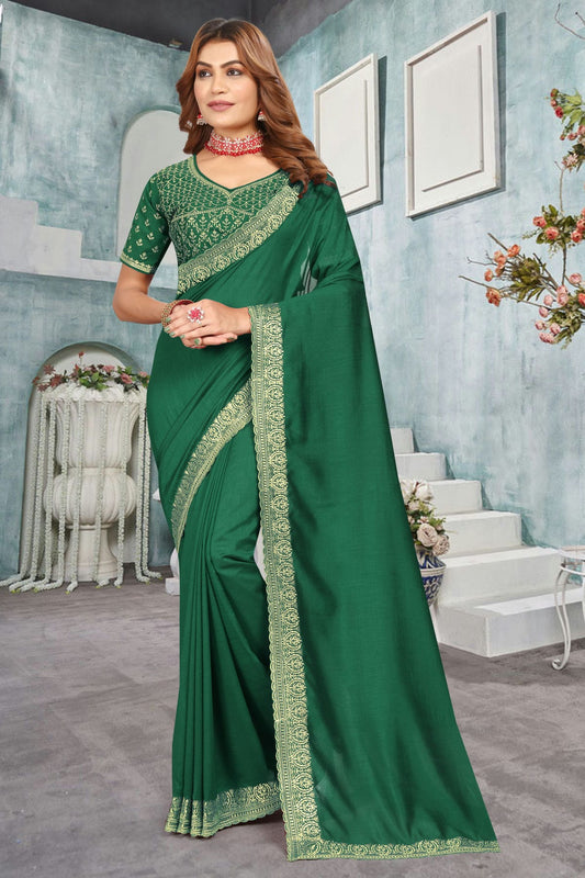 Green Colour Vichitra Bloming Designer Saree