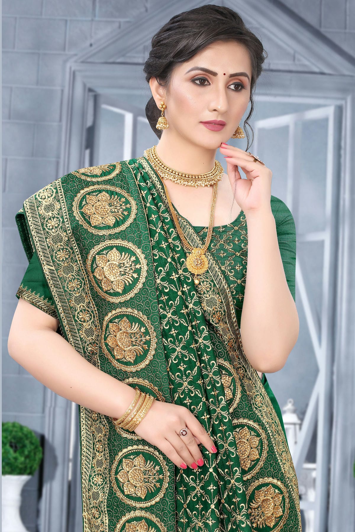 Green Colour Vichitra Bloming Silk Designer Saree