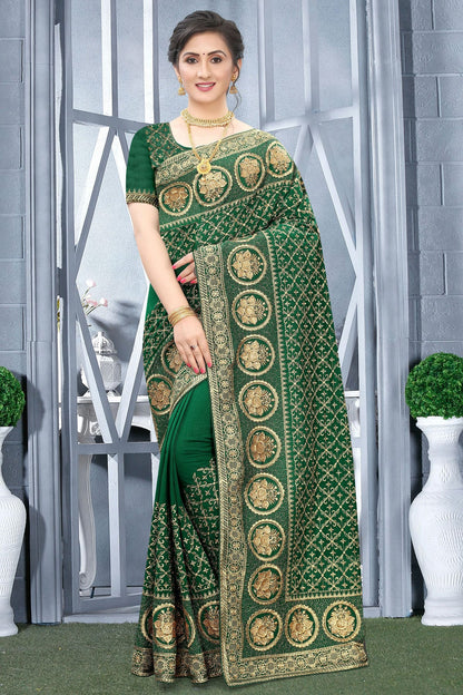 Green Colour Vichitra Bloming Silk Designer Saree