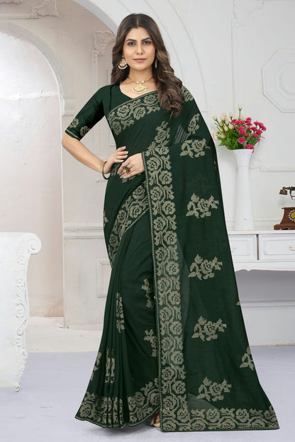 Green Colour Vichitra Silk Designer Saree