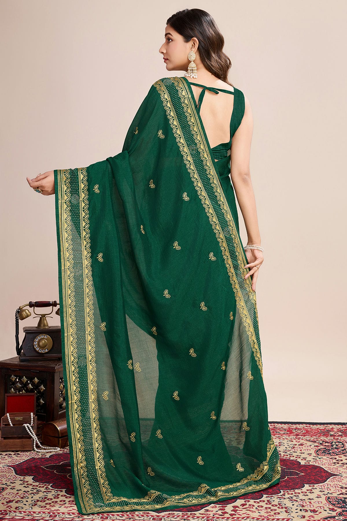 Green Colour Vichitra Silk Designer Saree