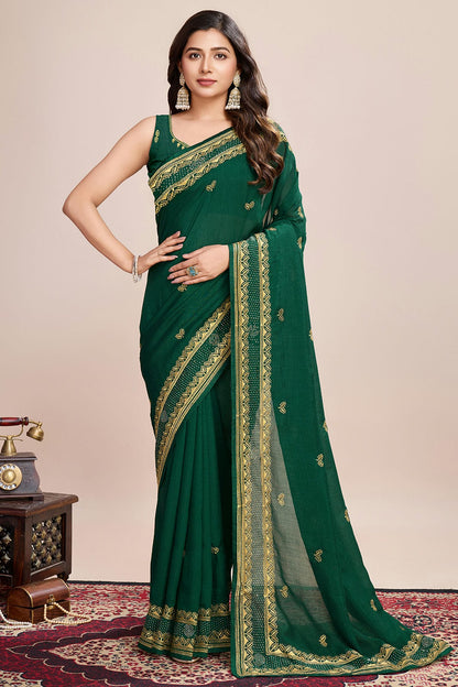 Green Colour Vichitra Silk Designer Saree