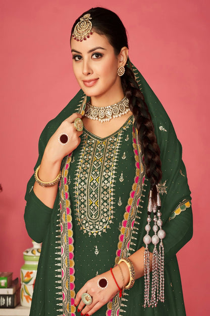 Green Colour Vichitra Silk Pant Style Suit