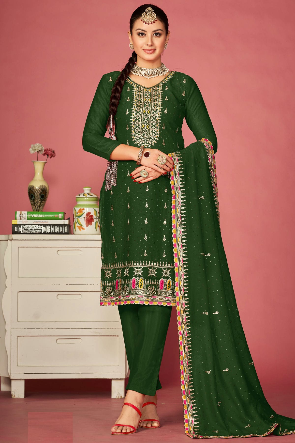 Green Colour Vichitra Silk Pant Style Suit