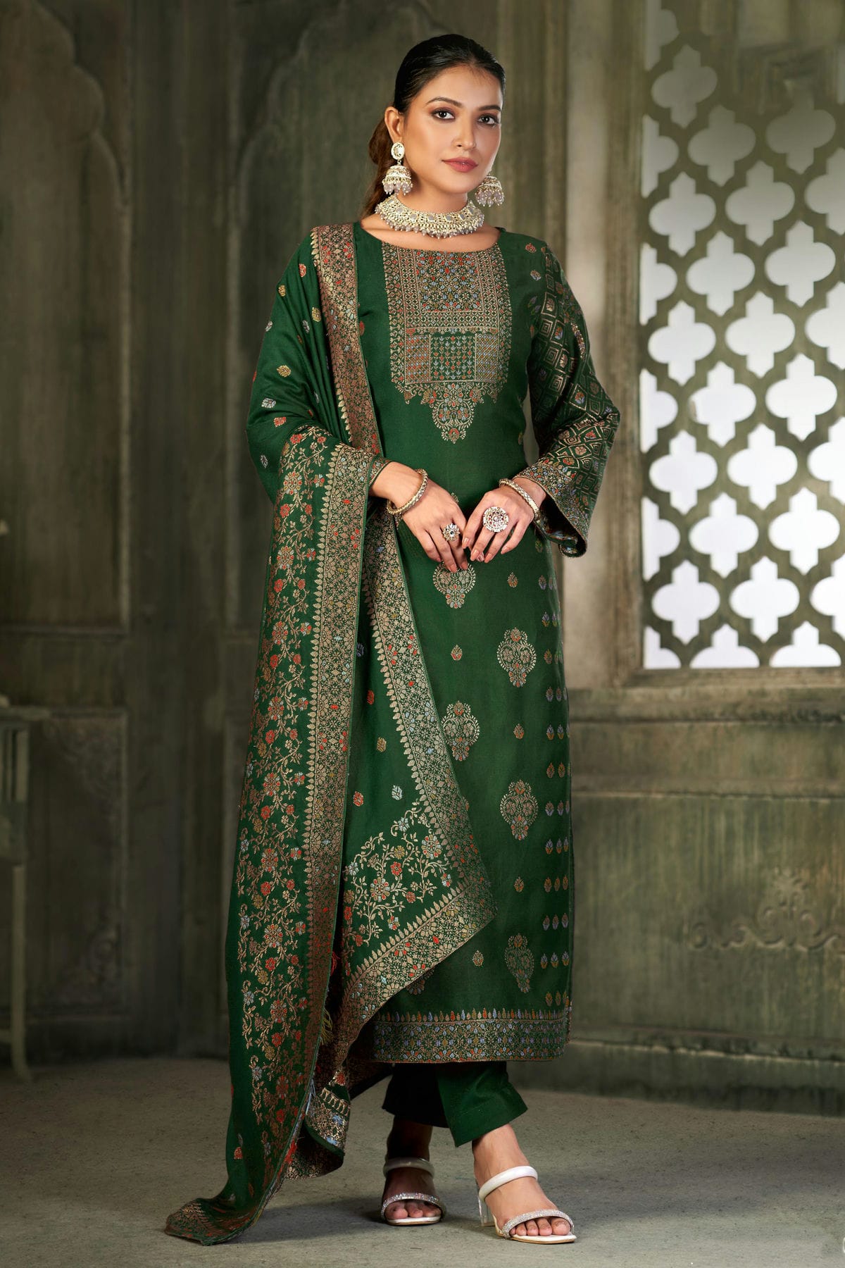 Green Colour Viscose Pashmina Straight Suit