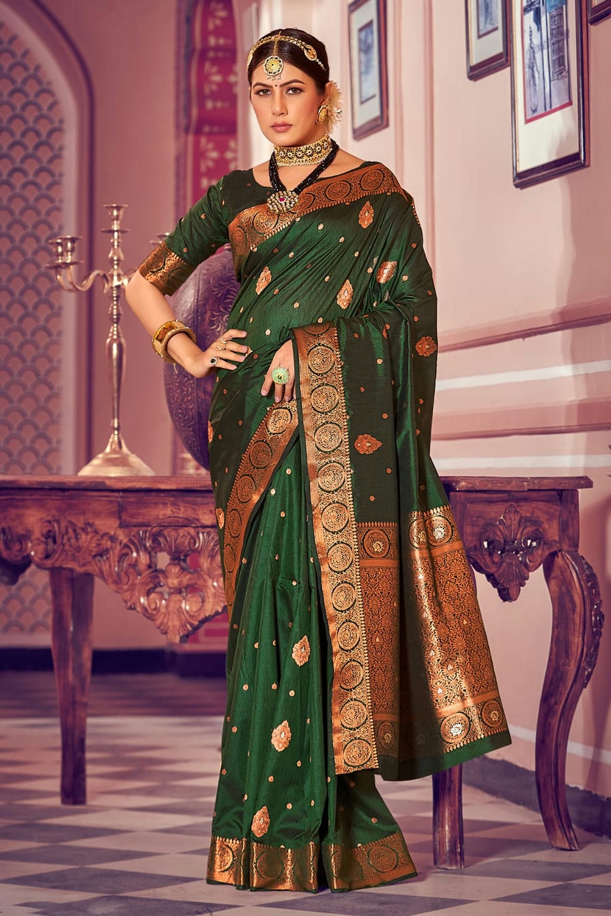 Green Colour Woven Work Banarasi Silk Saree