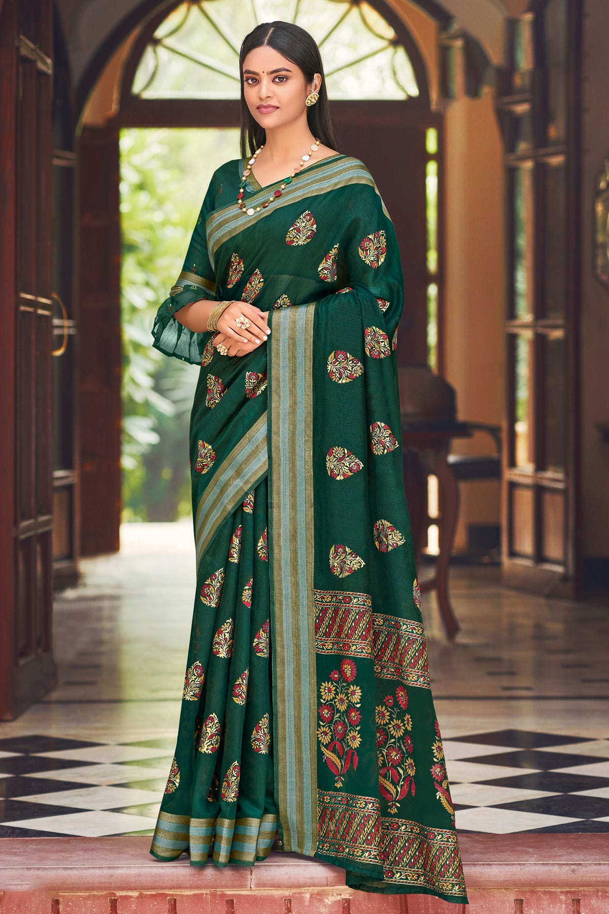 Green Colour Woven Work Chanderi Saree