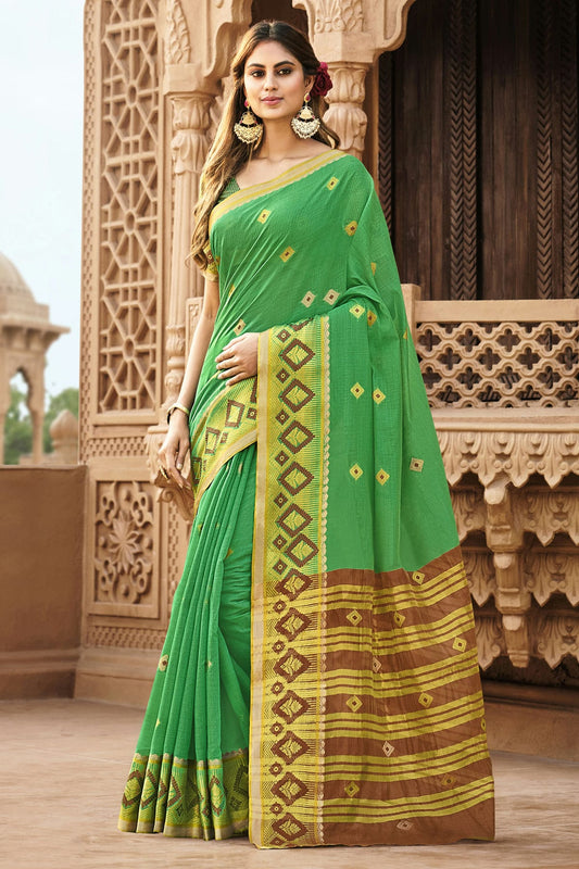 Green Colour Woven Work Cotton Saree