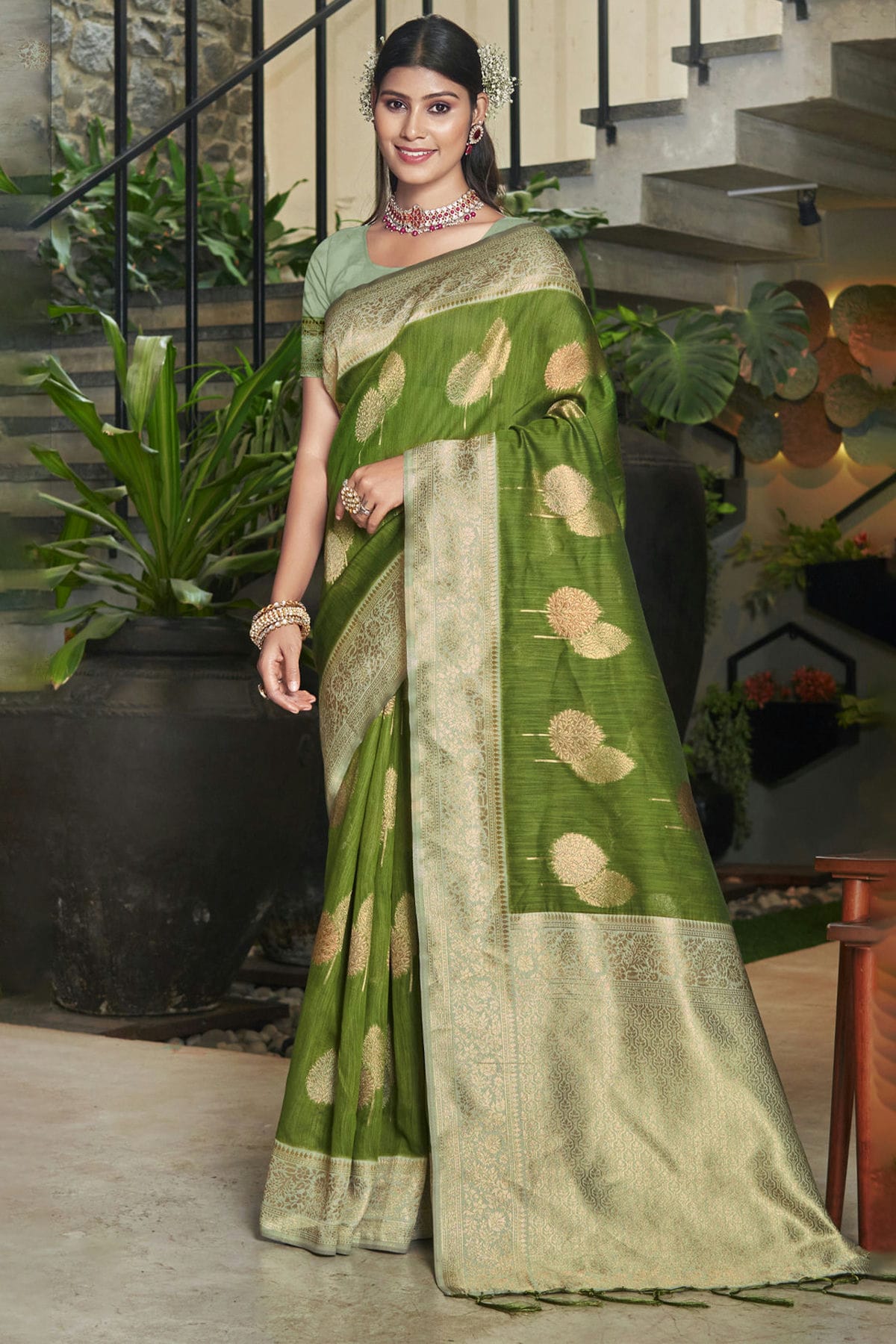 Green Colour Woven Work Cotton Saree