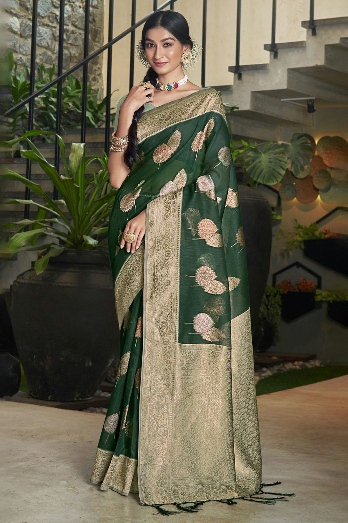 Green Colour Woven Work Cotton Saree