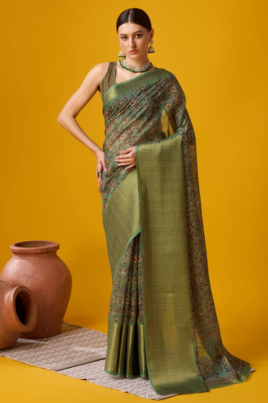 Green Colour Woven Work Cotton Saree