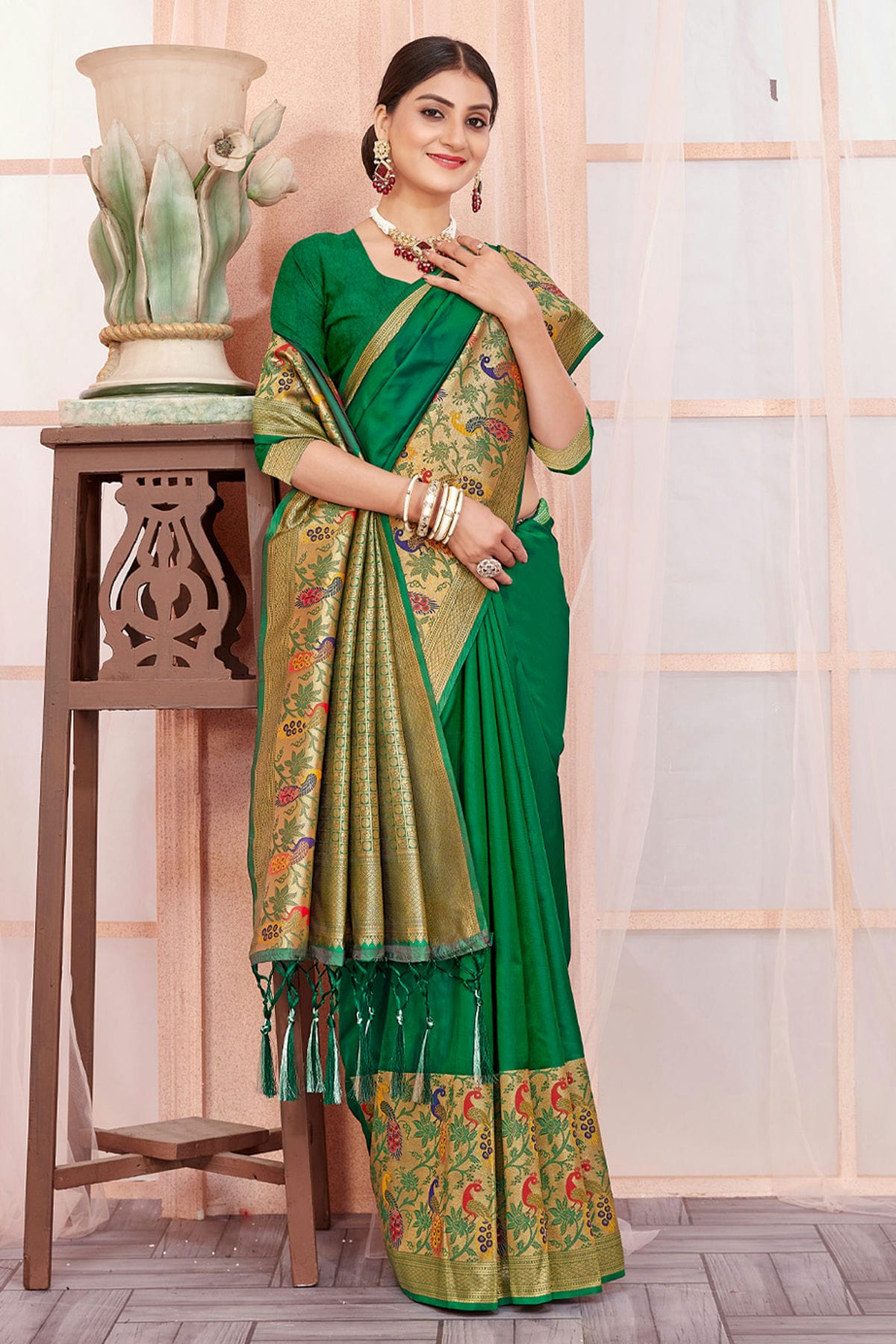 Green Colour Woven Work Paithani Silk Saree