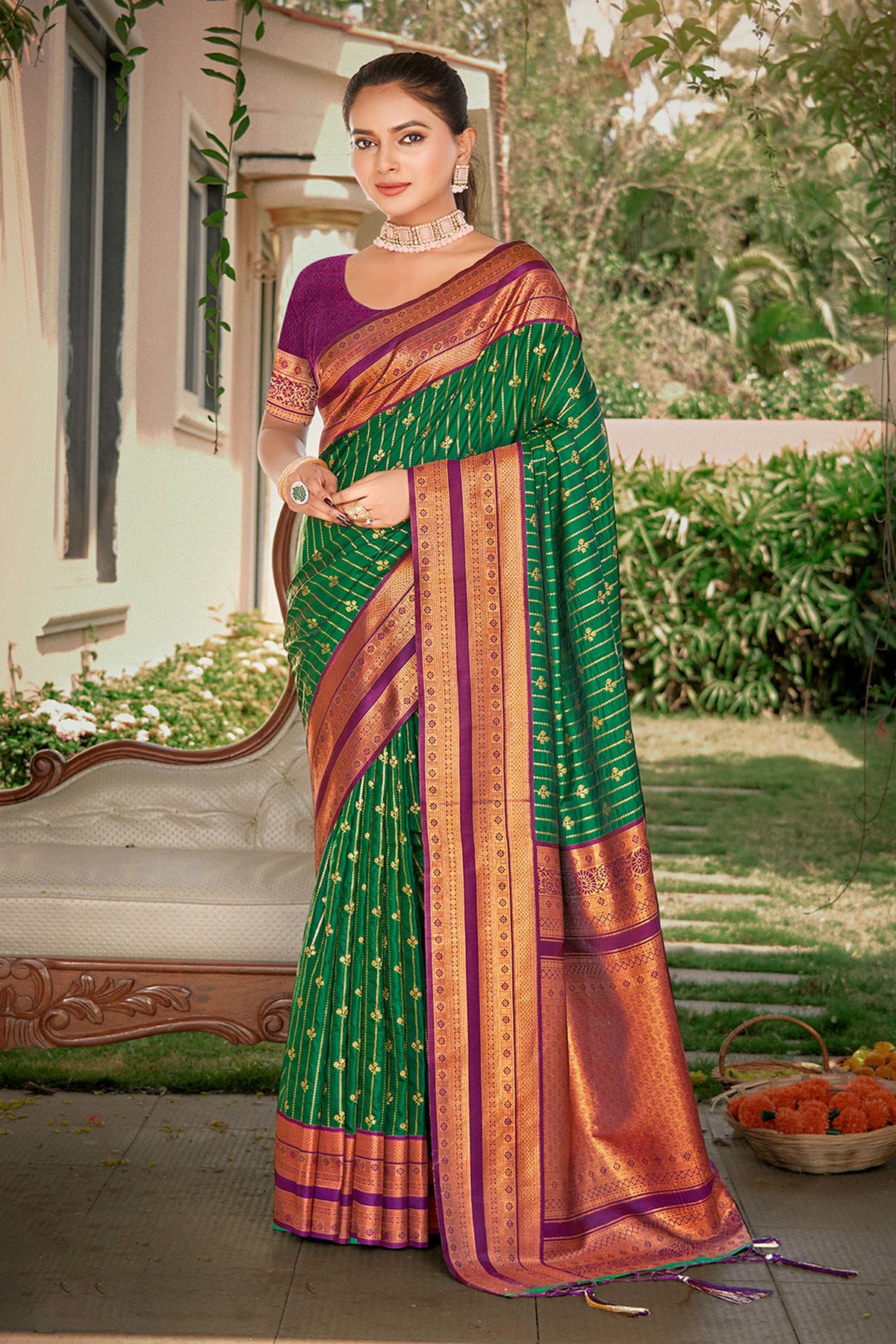 Green Colour Woven Work Silk Saree