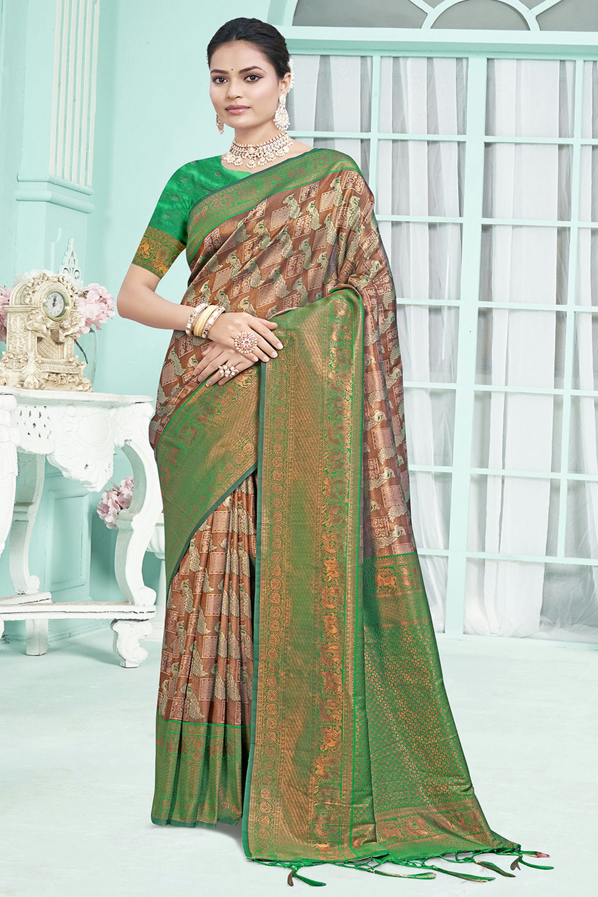 Green Colour Woven Work Silk Saree