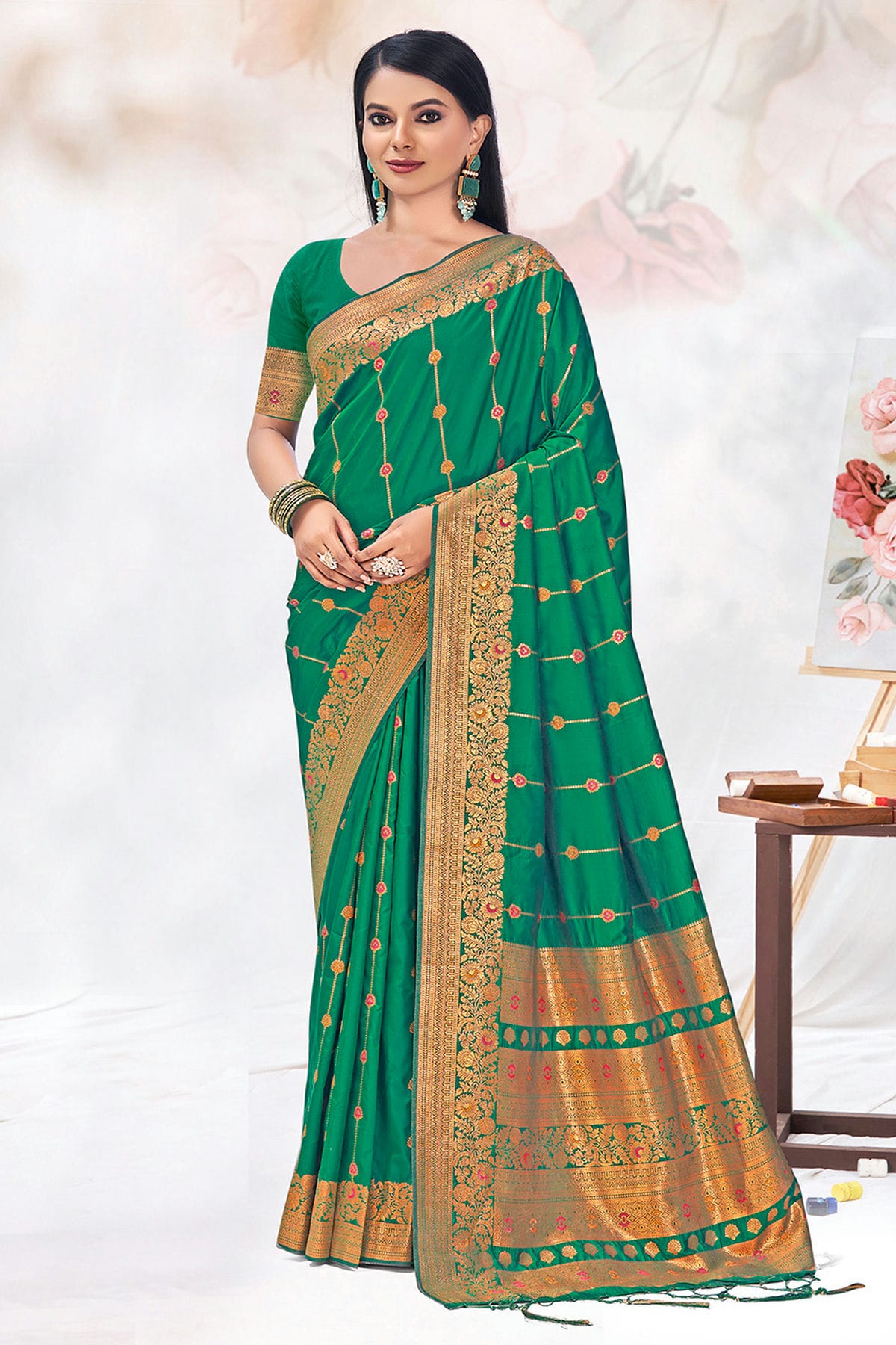 Green Colour Woven Work Silk Saree