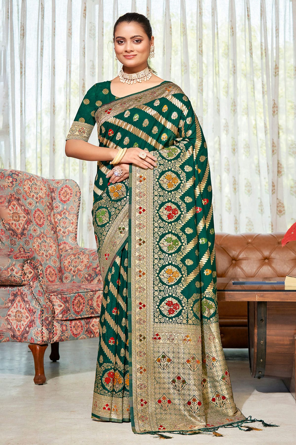 Green Colour Woven Work Silk Saree