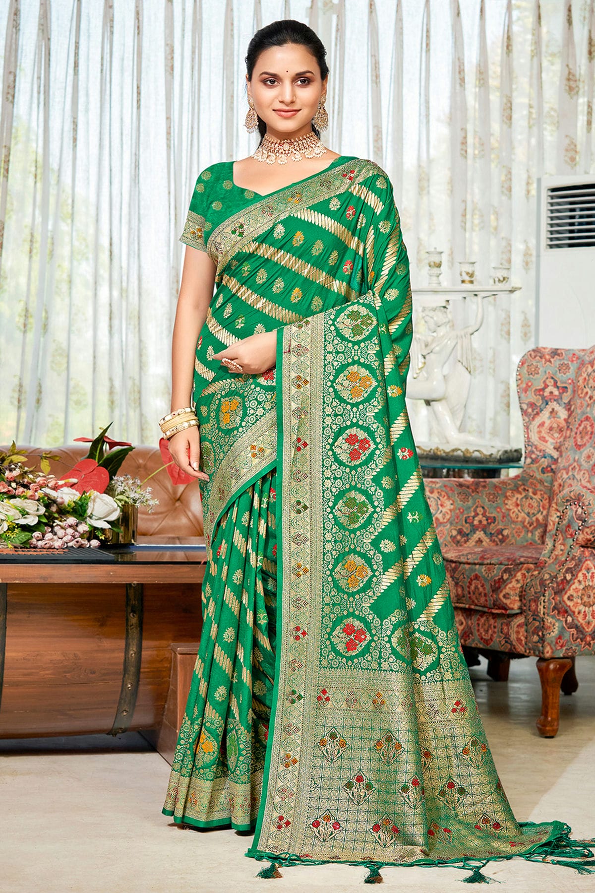 Green Colour Woven Work Silk Saree