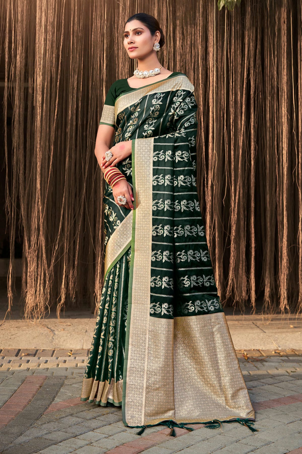 Green Colour Woven Work Stain Silk Saree