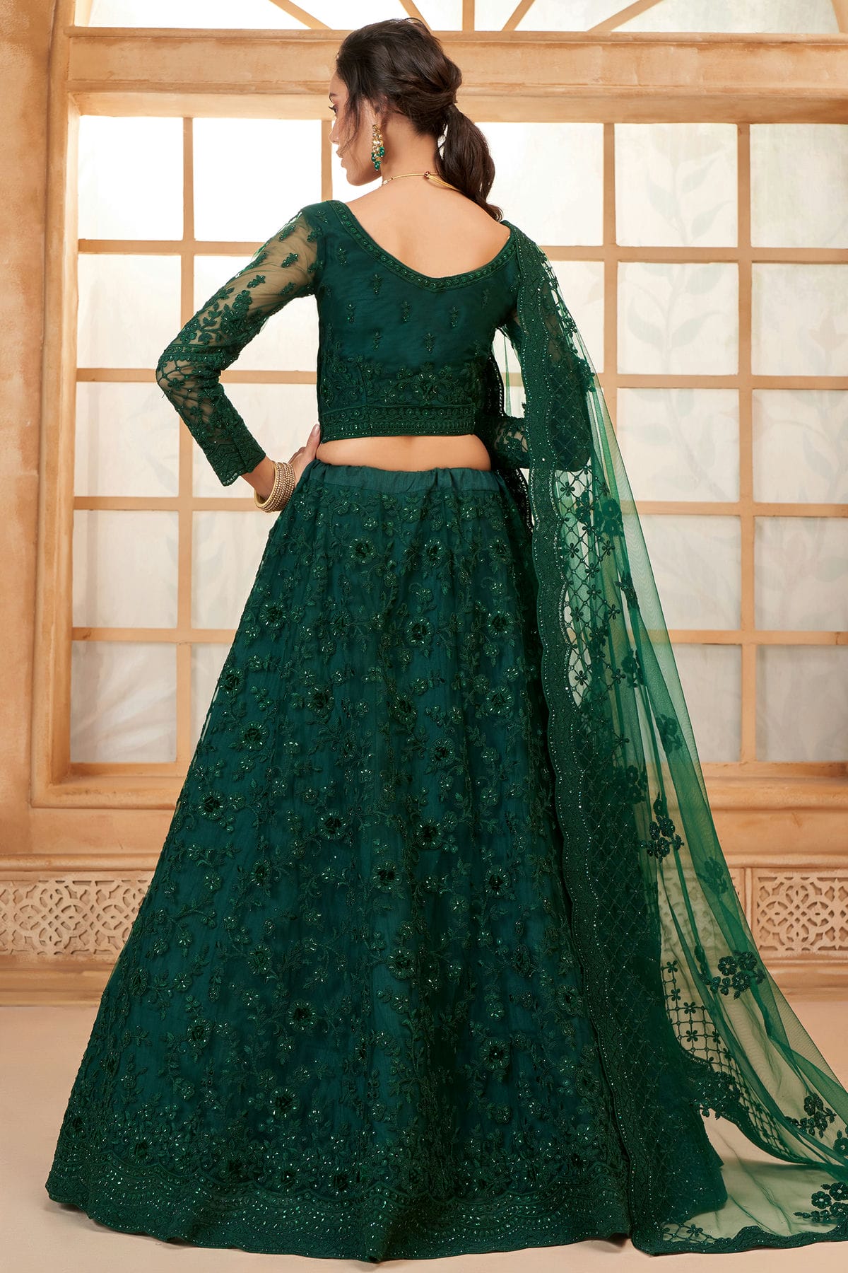 Green Embroidery Net and SilK Lehenga Choli