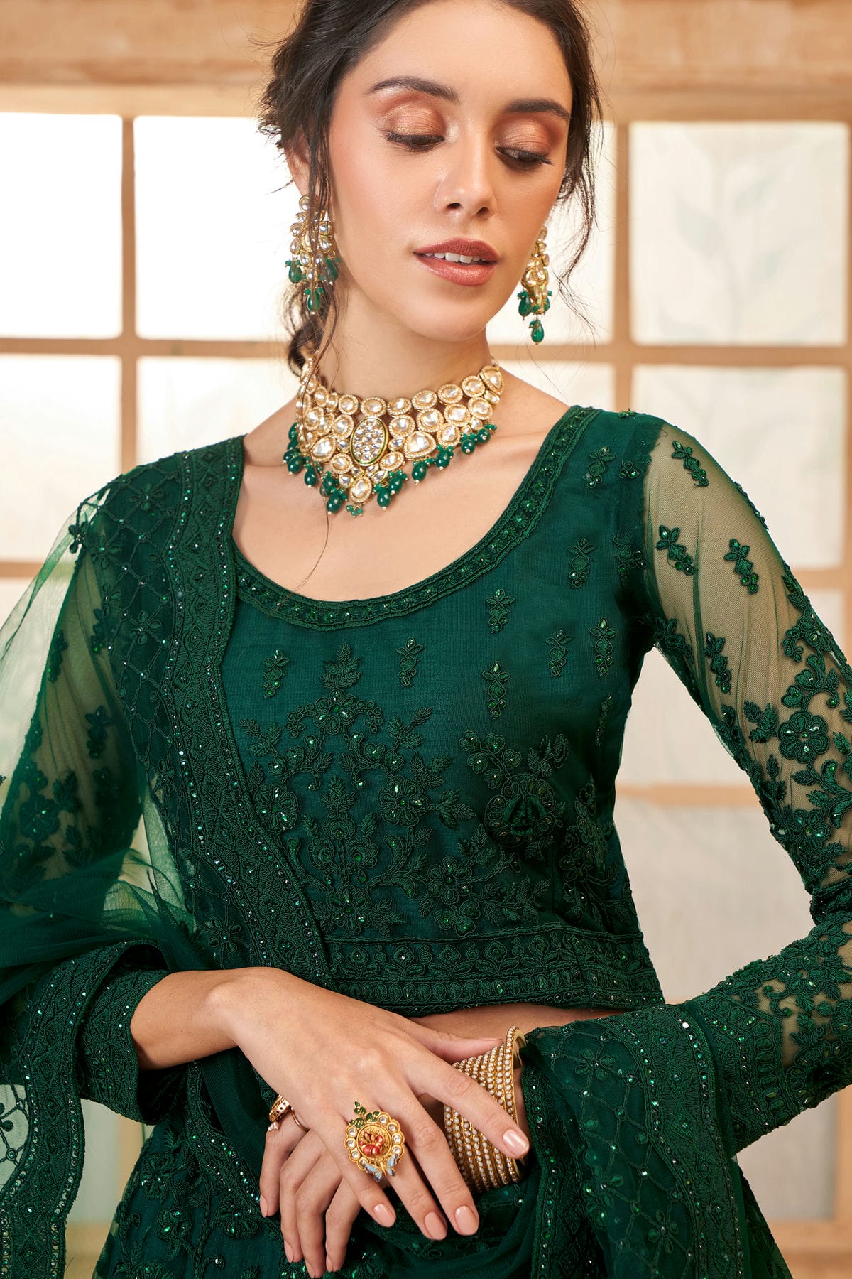 Green Embroidery Net and SilK Lehenga Choli