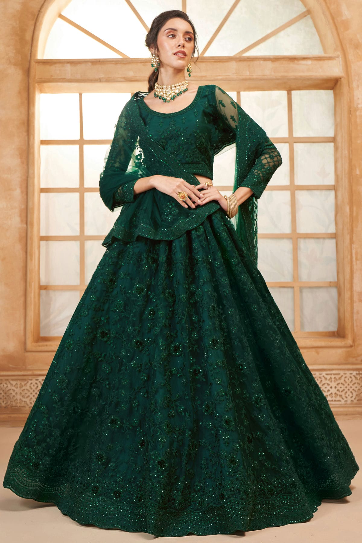 Green Embroidery Net and SilK Lehenga Choli