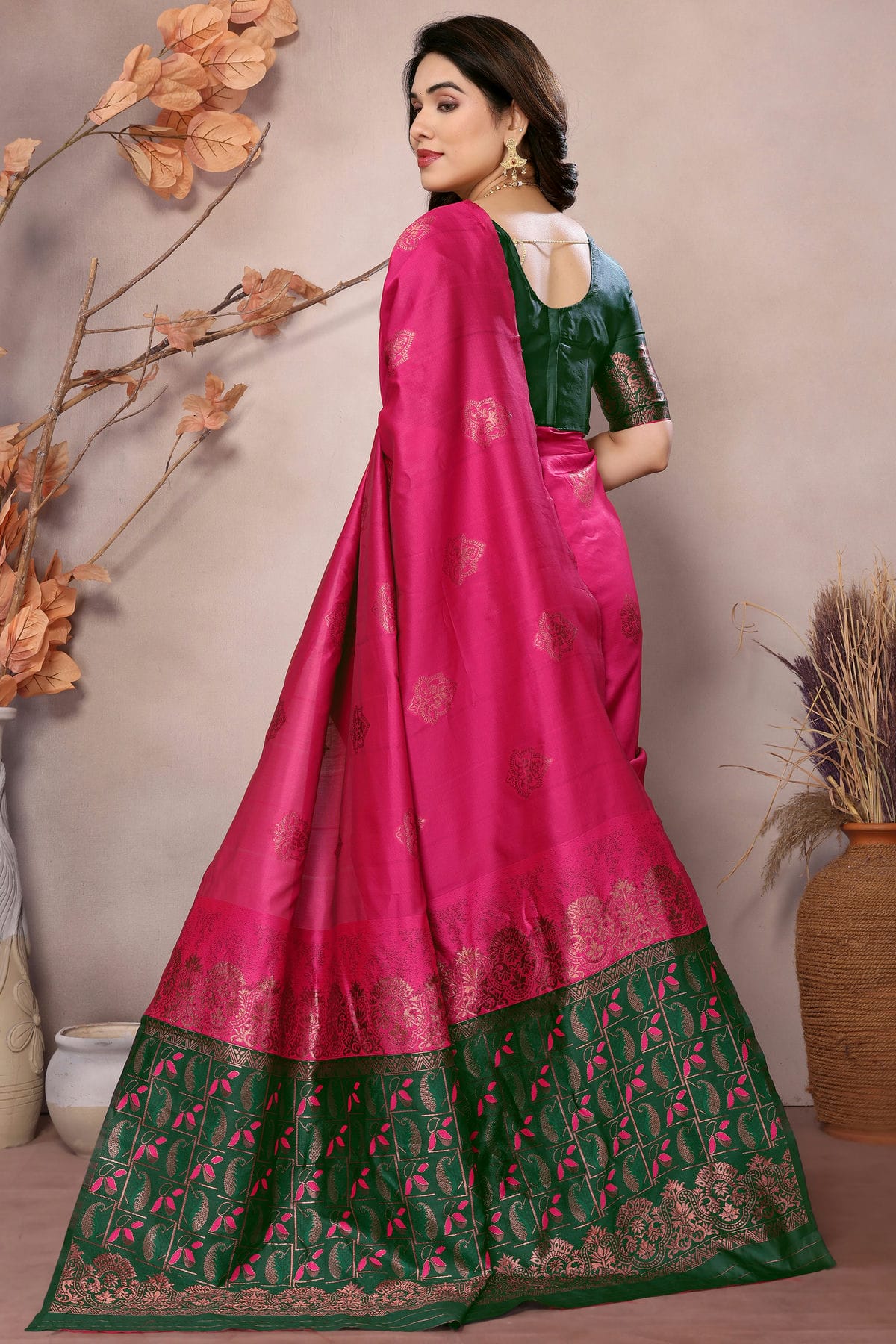 Green Pink Colour Banarasi Silk Saree