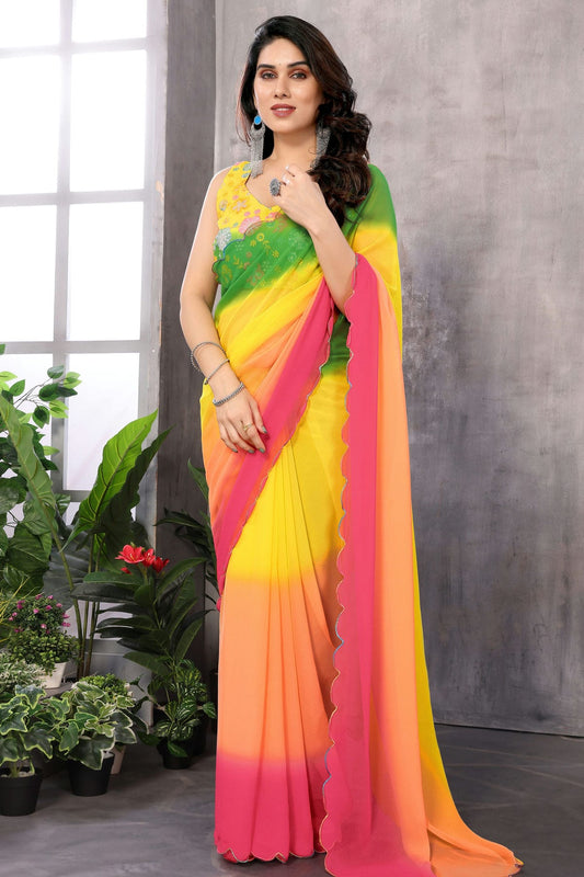 Green and Pink Colour Georgette Saree