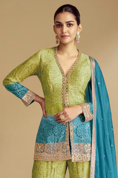 Green and Sky Blue Colour Chinon Sharara Suit VSSM1140529