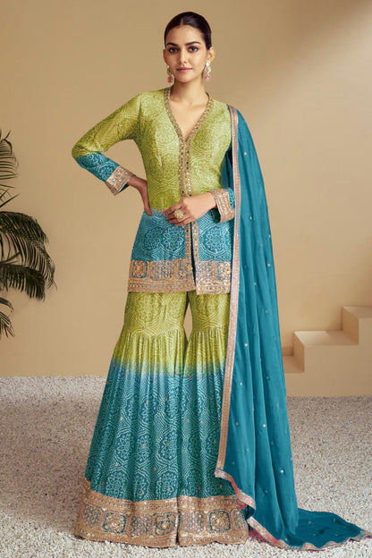 Green and Sky Blue Colour Chinon Sharara Suit