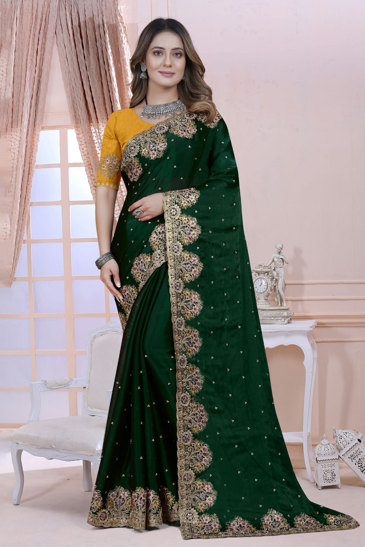 Green Colour Satin Silk Saree