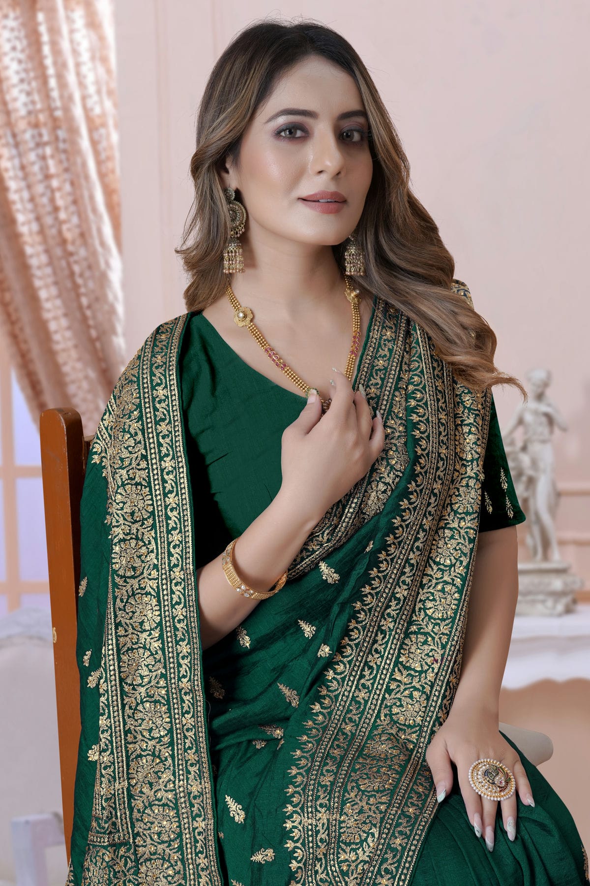 Green Colour Vichitra Silk Saree