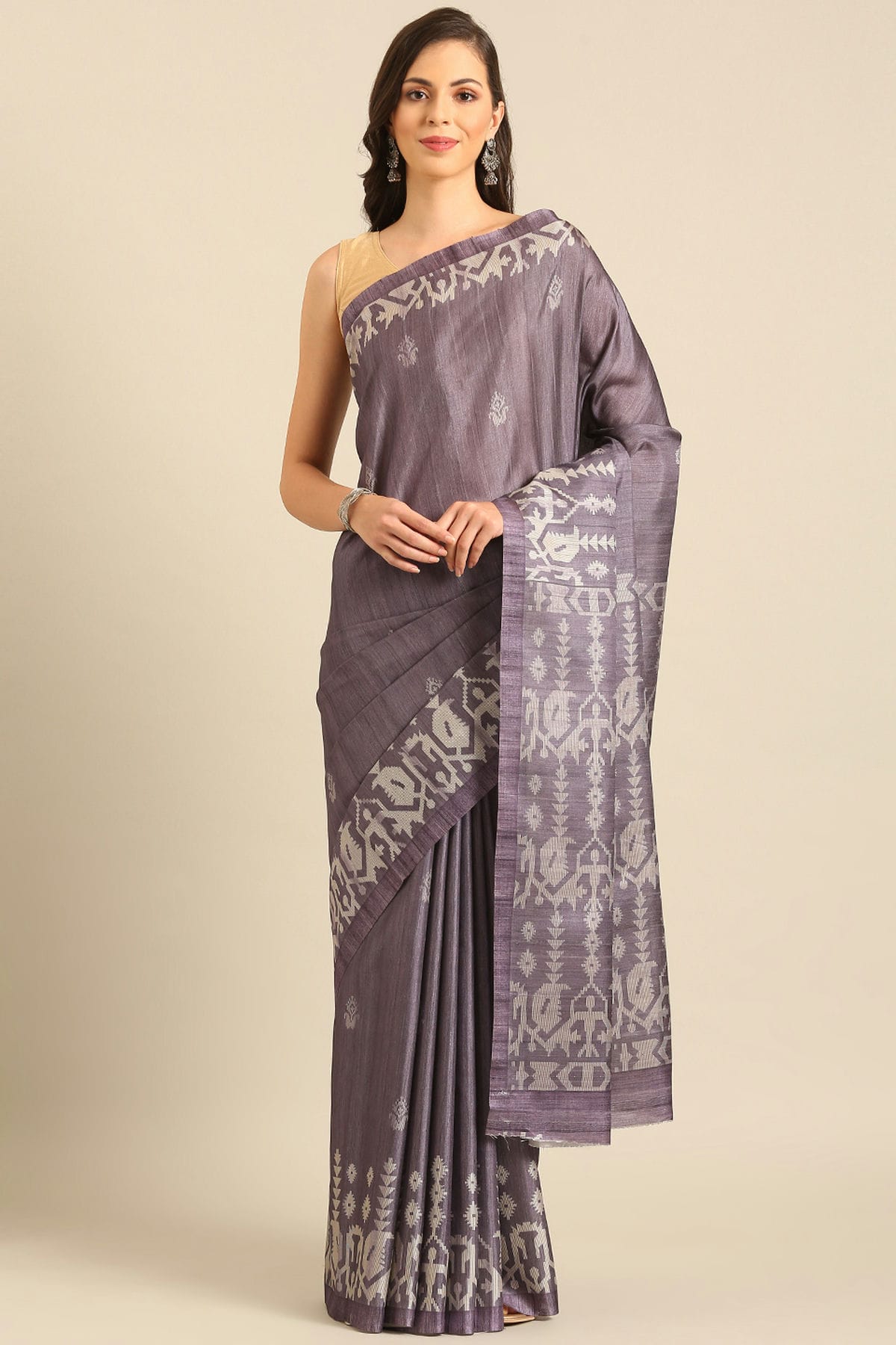 Grey Beige Colour Cotton Banglori Handloom Silk Saree