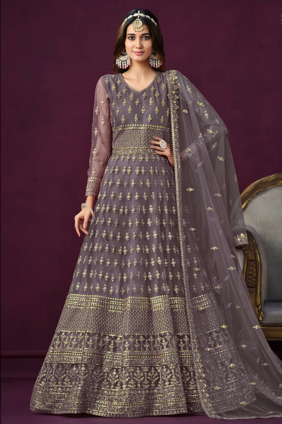 Grey Blue Colour Semi Stitched Net Anarkali Suit