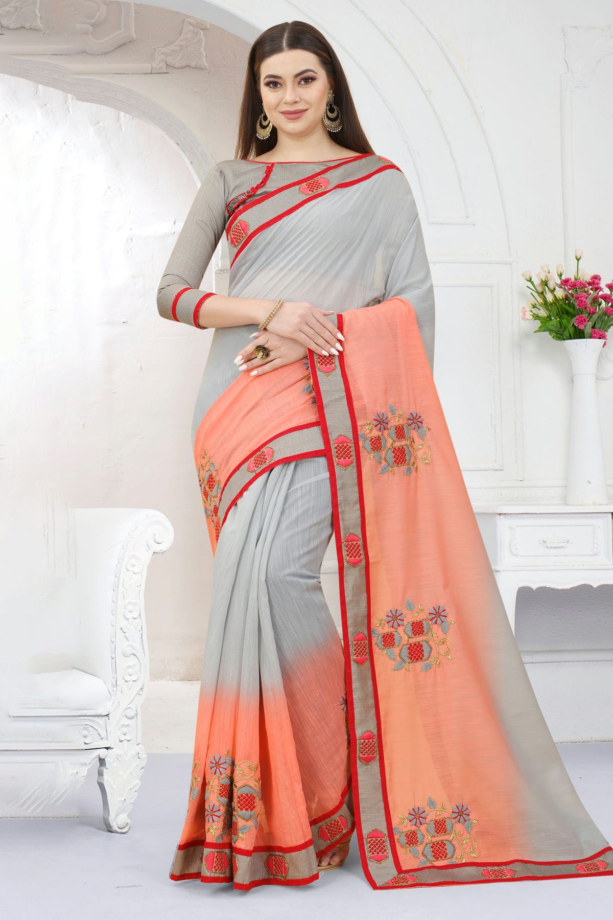 Grey Colour Art Silk Designer Saree