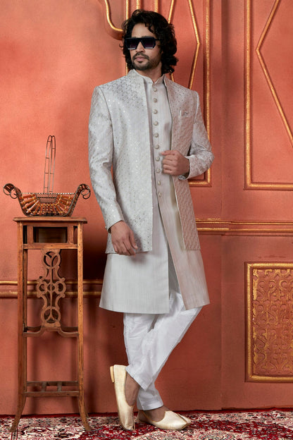 Grey Colour Art Silk Indowestern Sherwani With Aligadhi Pant VSSH1230090