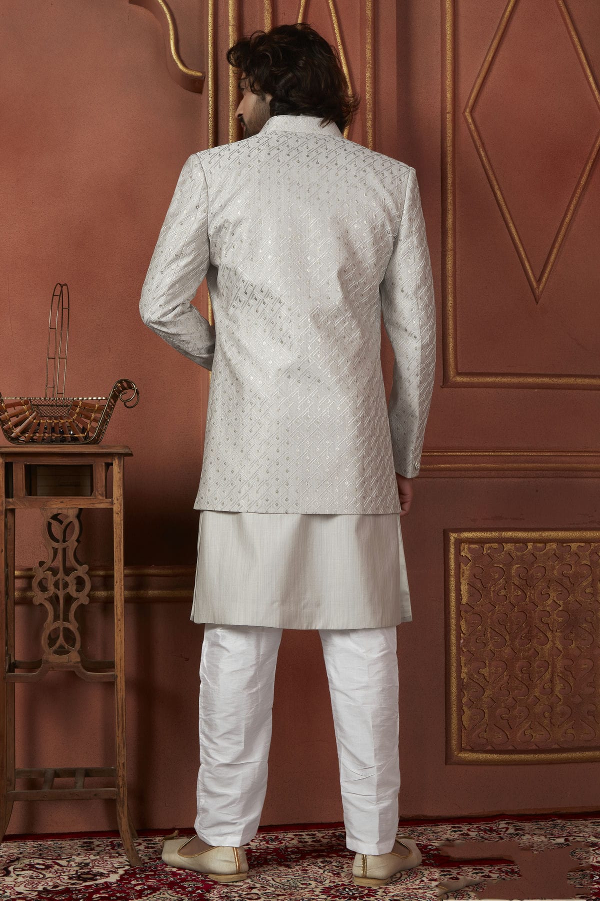 Grey Colour Art Silk Indowestern Sherwani With Aligadhi Pant VSSH1230090