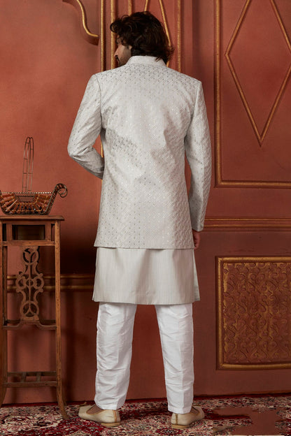 Grey Colour Art Silk Indowestern Sherwani With Aligadhi Pant VSSH1230090