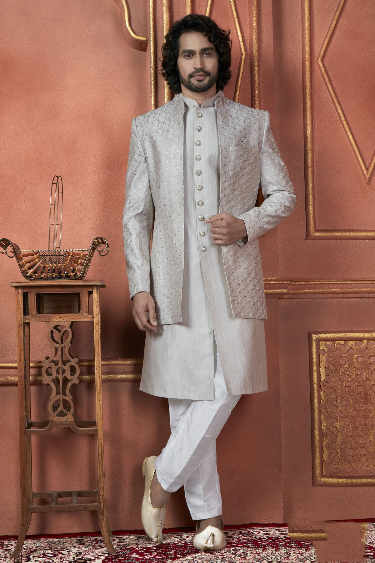 Grey Colour Art Silk Indowestern Sherwani With Aligadhi Pant