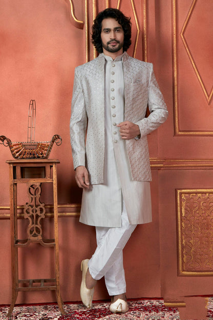 Grey Colour Art Silk Indowestern Sherwani With Aligadhi Pant