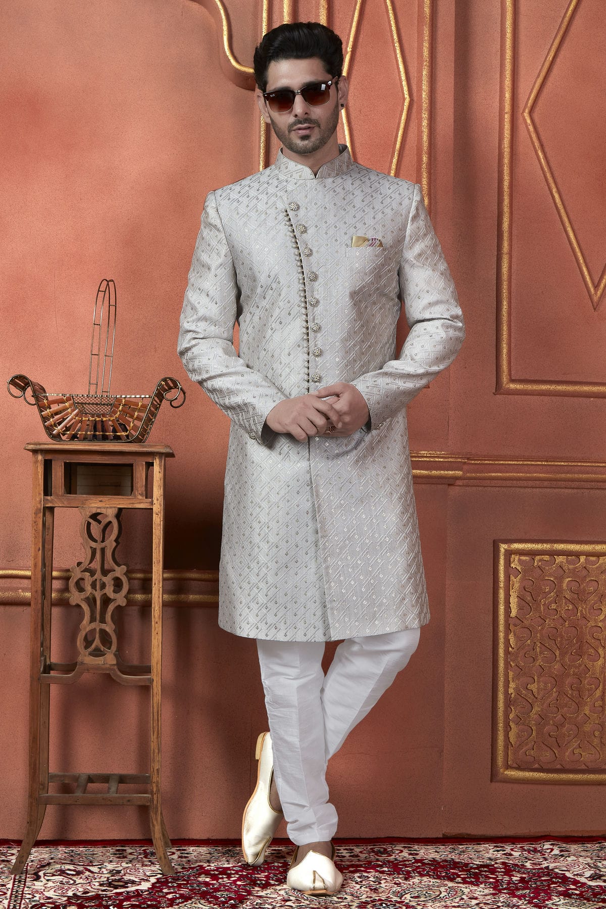 Grey Colour Art Silk Indowestern Sherwani With Aligadhi Pant VSSH1230100