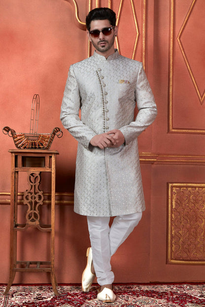 Grey Colour Art Silk Indowestern Sherwani With Aligadhi Pant VSSH1230100