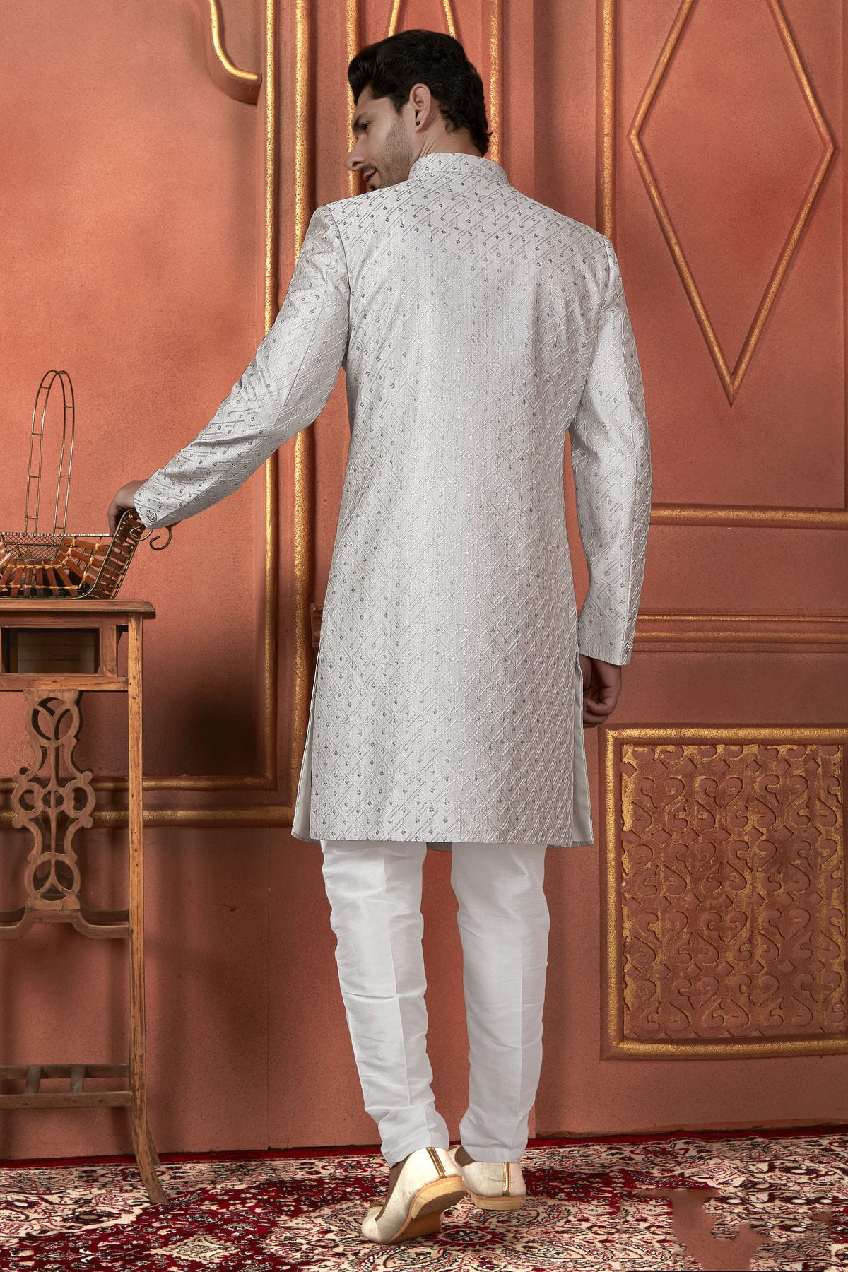 Grey Colour Art Silk Indowestern Sherwani With Aligadhi Pant VSSH1230100