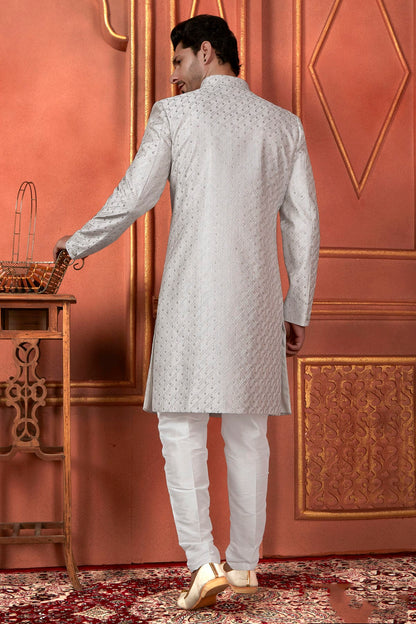 Grey Colour Art Silk Indowestern Sherwani With Aligadhi Pant VSSH1230100