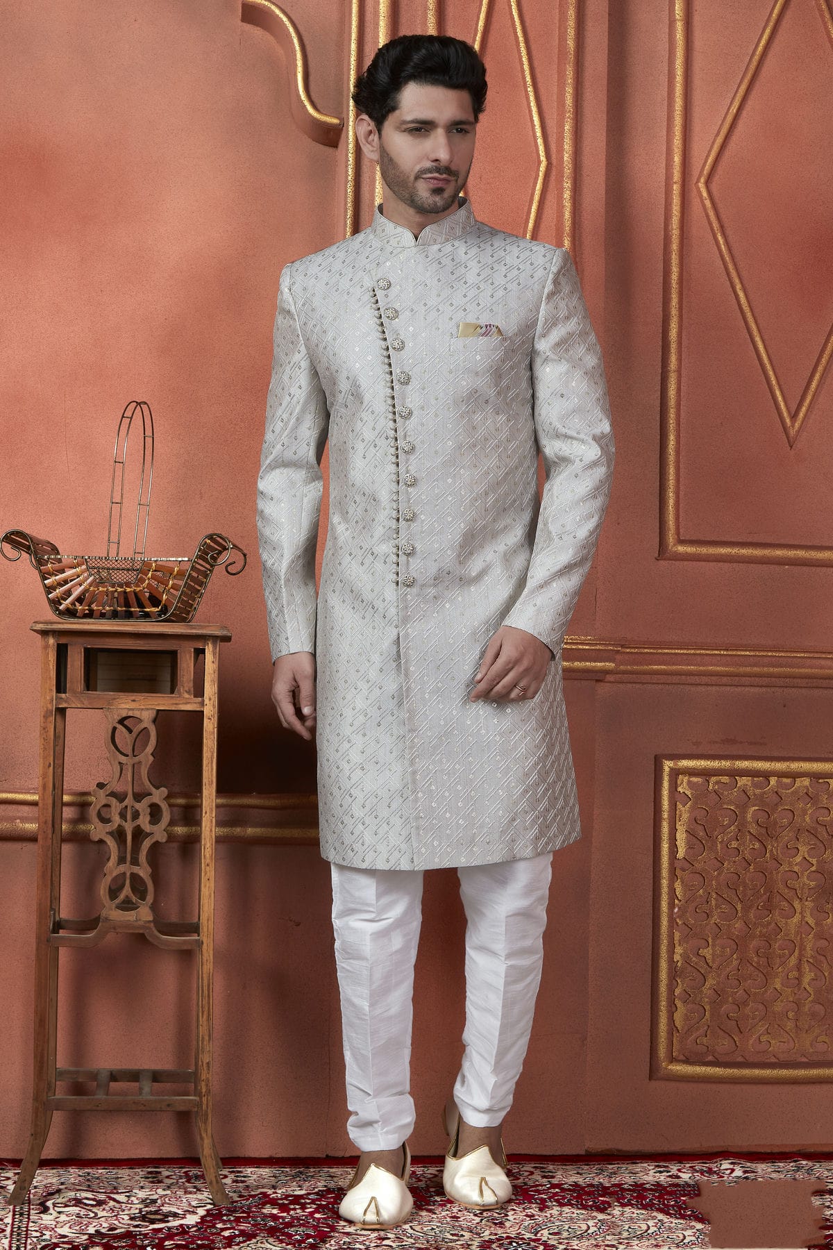 Grey Colour Art Silk Indowestern Sherwani With Aligadhi Pant