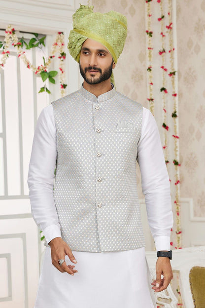 Grey Colour Art Silk Kurta Pajama With Jacket