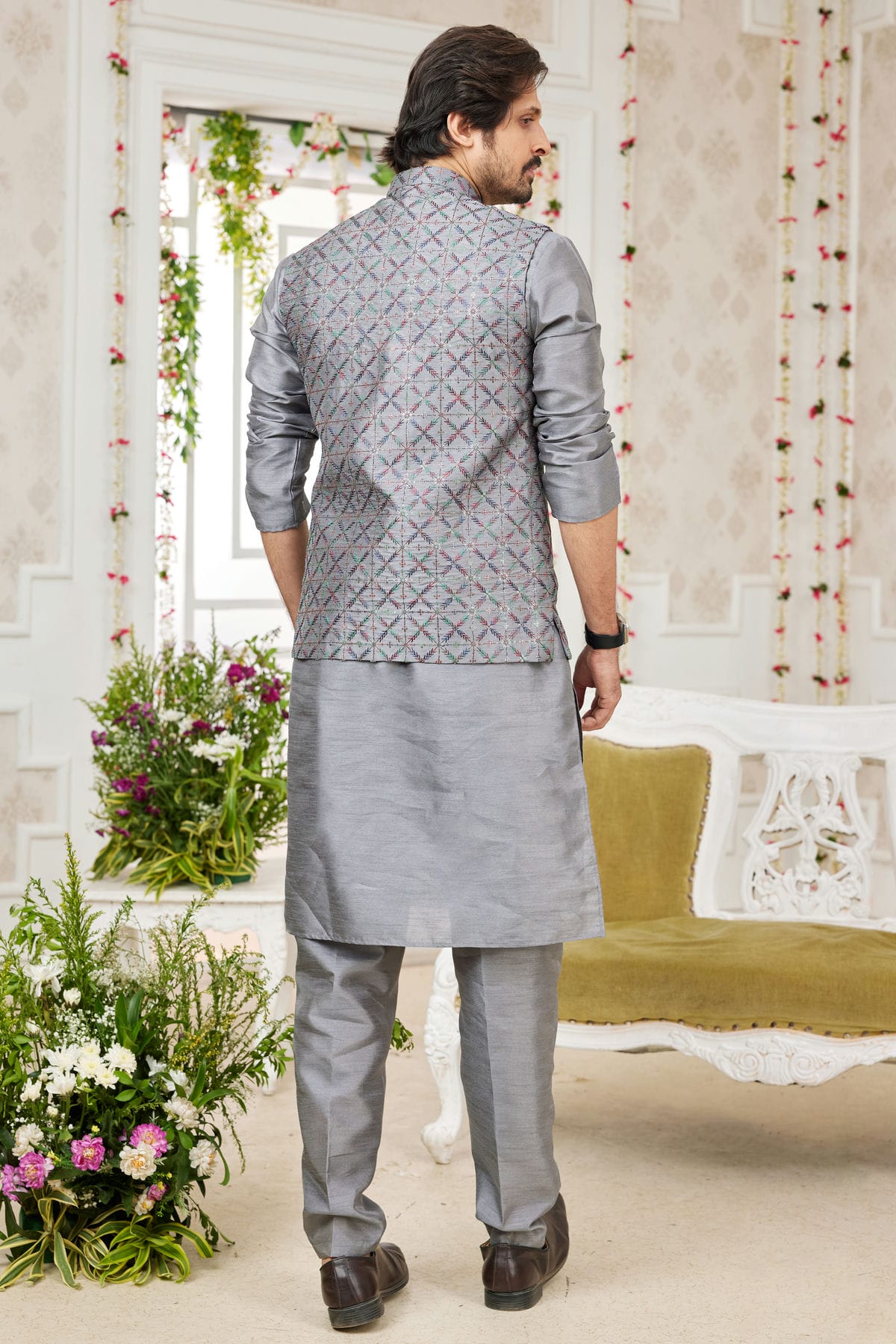 Grey Colour Art Silk Kurta Pajama With Jacket