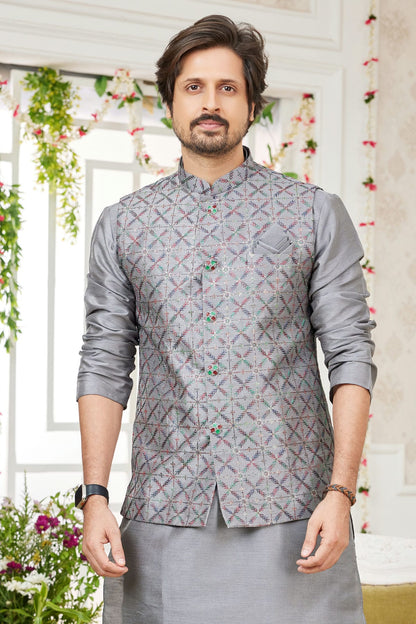 Grey Colour Art Silk Kurta Pajama With Jacket