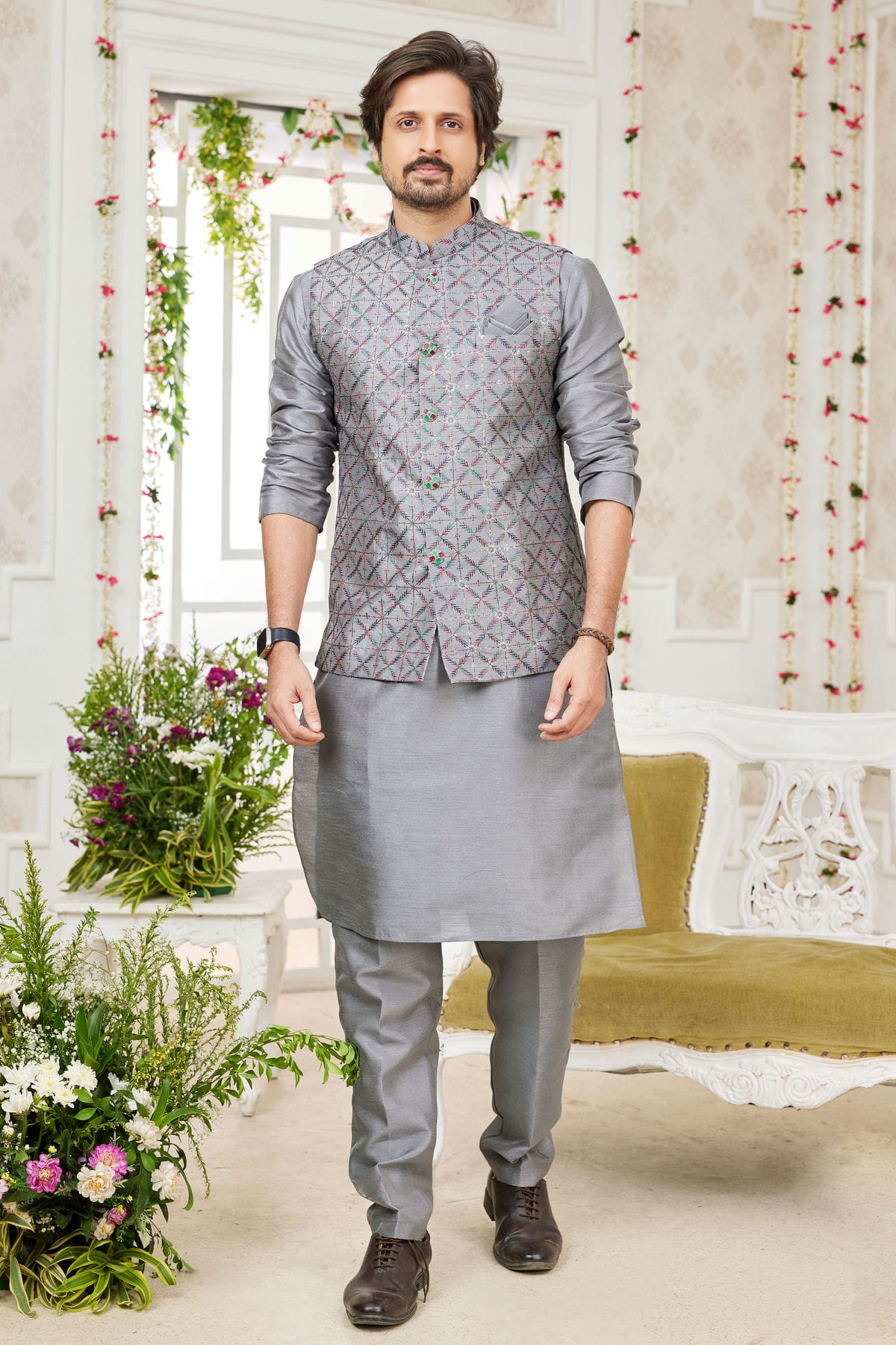 Grey Colour Art Silk Kurta Pajama With Jacket