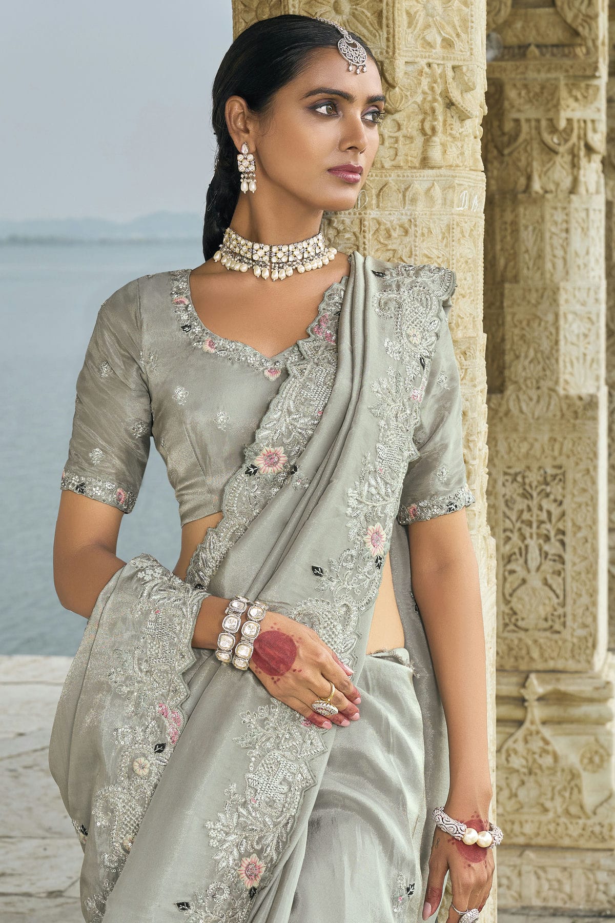 Grey Colour Banarasi Silk Designer Saree