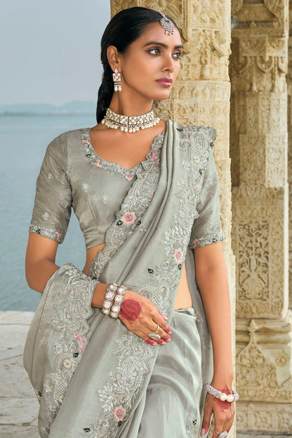 Grey Colour Banarasi Silk Designer Saree